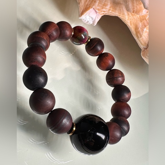MATTE RED TIGERS EYE + ONYX NATURAL STONES BRACELET size 7” - Picture 5 of 11